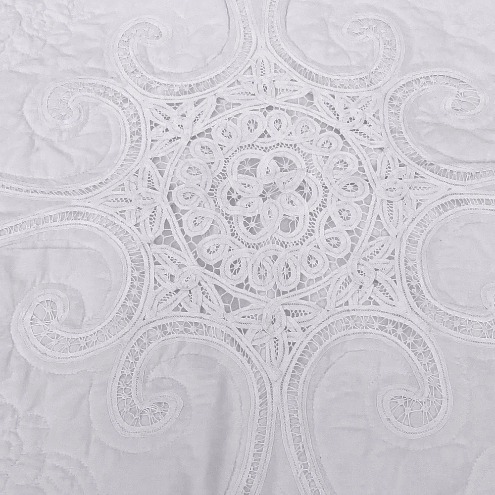 Vtg White Battenberg Lace Floral Machine Quilted Cotton Quilt Coverlet READ